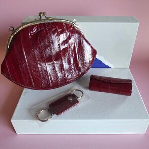 VINTAGE NIB LEE SANDS Red Genuine Eelskin Gift Box Purse Fob and Lipstick Case